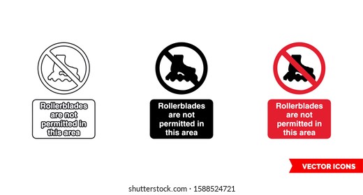 Roller blades are not permitted in this area prohibitory sign icon of 3 types: color, black and white, outline. Isolated vector sign symbol.