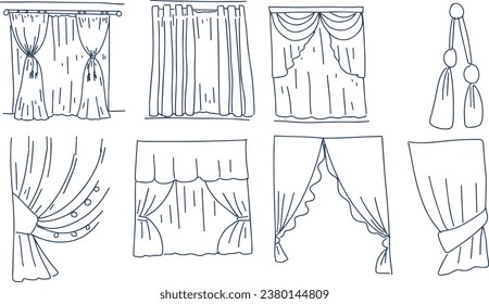 Roller blinds, tulle interior elements details drawn by hand sketch doodle set separately on a white background coloring drawing anti-stress room decor