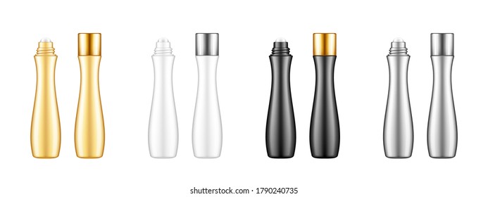 Roller bottle with cream, serum, essential oil for lifting, anti-age care, wrinkle prevent. Blank black, golden, silver, white cosmetic product container mockups. Packaging design. 3d realistic vector