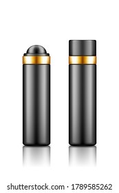 Roller Flasche Deodorant oder Creme, Serum, ätherisches Öl. Körperpflege-Kosmetikvorlage. Blank schwarz-goldener Kosmetikbehälter mit Deckel aufziehen. Verpackungsdesign. 3D-realistische Vektorgrafik