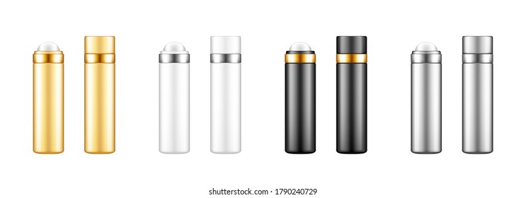 Roller bottle deodorant or cream, serum, essential oil. Body care cosmetic template. Blank black, white, silver, gold product containers mockup set. Packaging design. 3d realistic vector illustration