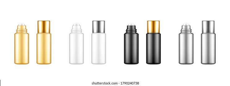 Roller bottle with serum,cream, essential oil for lifting, face care, wrinkle prevent. Blank black, golden, silver, white cosmetic product container mockups. Packaging design. 3d realistic vector