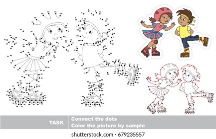Roller Boy and Roller Girl. Dot to dot educational game for kids.