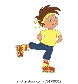 Roller Boy infant cartoon. Outlined illustration with thin line black stroke