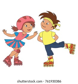 Roller Boy and Roler Girl sport infant cartoon. Outlined illustration with thin line black stroke