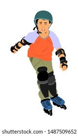 Roller boy vector illustration isolated on white background. Skater boy riding wheels. Child rollerblading with helmet. Happy kid enjoy in outdoor sport activity. Healthy recreation after school. 