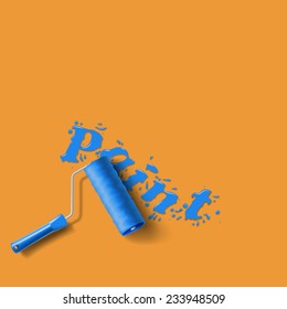 roller cepillo con pintura azul salpicado en la pared naranja