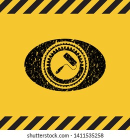 roller brush icon black grunge emblem with yellow background. Vector Illustration. Detailed.