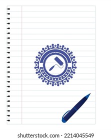 roller brush icon drawn with pen strokes. Blue ink. Vector Illustration. Detailed. 
