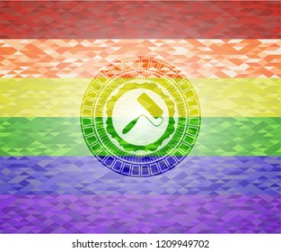 roller brush icon inside emblem on mosaic background with the colors of the LGBT flag