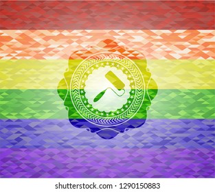 roller brush icon inside emblem on mosaic background with the colors of the LGBT flag