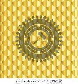 roller brush icon inside golden emblem or badge. Scales pattern. Vector Illustration. Detailed. 