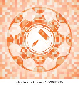 roller brush icon inside orange tile background illustration. Square geometric mosaic seamless pattern with emblem inside.