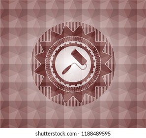 roller brush icon inside red emblem or badge with geometric pattern background. Seamless.