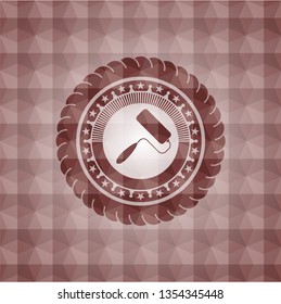 roller brush icon inside red emblem or badge with abstract geometric polygonal pattern background. Seamless.