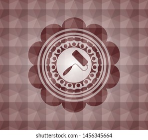 roller brush icon inside red geometric pattern emblem. Seamless.