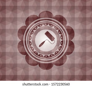 roller brush icon inside red seamless geometric pattern emblem. Seamless.