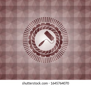 roller brush icon inside red emblem with geometric pattern background. Seamless.