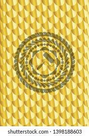 roller brush icon inside shiny golden badge. Scales pattern. Vector Illustration. Detailed.