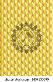 roller brush icon inside shiny golden emblem. Scales pattern. Vector Illustration. Detailed.