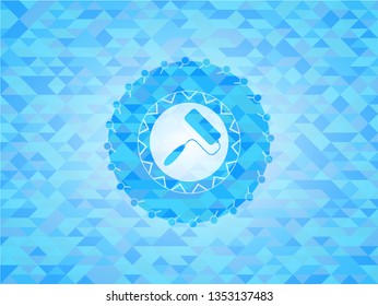 roller brush icon inside sky blue emblem. Mosaic background