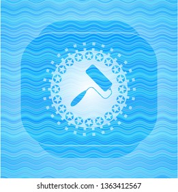 roller brush icon inside sky blue water wave badge.