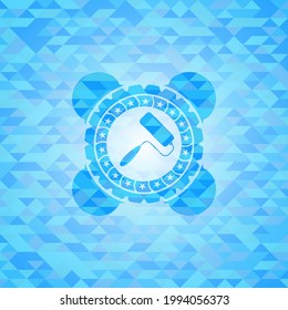roller brush icon inside sky blue emblem with mosaic ecological style background. 