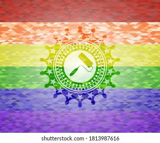 roller brush icon on mosaic background with the colors of the LGBT flag. 