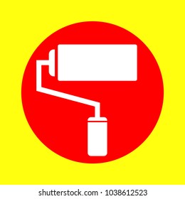 Roller brush icon. Vector. White flat icon inside red circle at yellow background. Isolated.