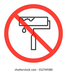 Roller brush line icon in prohibition red circle, No paint ban sign, forbidden symbol. Vector illustration isolated on white