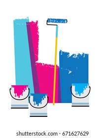 Roller brush new colored in blue and pink colors wall. Vector