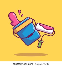 Roller Brush Paint And Bucket Vector Icon Illustration. Working Tools Equipment. Tool Icon Concept White Isolated. Flat Cartoon Style Suitable for Web Landing Page, Banner, Flyer, Sticker, Card