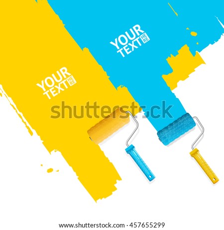 Roller Brush Painting Banner For Your Business. Blue and Yellow Stripes. Vector illustration