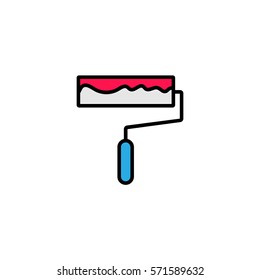 Roller brush with red paint on flat line icon