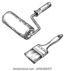 Roller and brush. Vector illustration of painting tools.