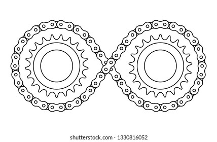 Roller chain, sprocket wheel and infinity symbol. Vector thin line