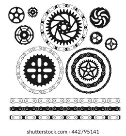 Roller chains and bicycles gears set. isolated on white background vector graphics shapes.