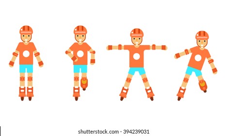Roller character poses icons set isolated white background flat design template vector illustration