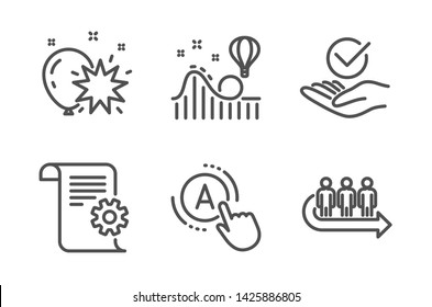 Roller coaster, Ab testing and Balloon dart icons simple set. Approved, Technical documentation and Queue signs. Attraction park, A test. Business set. Line roller coaster icon. Editable stroke