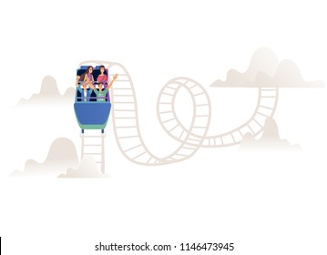 Roller Coaster With Adult Company Or Team In Open Car On Railroad Track Isolated On White Background. Young People Having Fun And Enjoyment On Amusement Ride In Cartoon Vector Illustration.