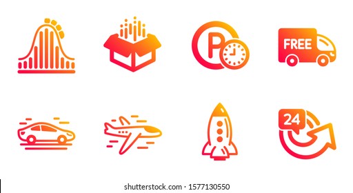 Symbole für Achterbahnhöfe, Flugzeug und Offene Box. Auto, kostenlose Lieferung und Parkzeiten Schilder. Rakete, 24 Stunden Symbole. Attraktionspark, Plane. Transportset. Vektorgrafik