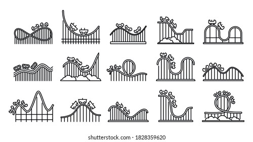 Roller coaster amusement icons set. Outline set of roller coaster amusement vector icons for web design isolated on white background