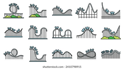 Roller coaster amusement icons set. Outline set of roller coaster amusement vector icons thin line color flat on white