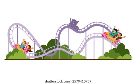 Roller coaster. Amusement park. Extreme attraction. People ride roller coasters. Flat illustration isolated on white background.