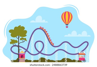 Montaña rusa en el parque de atracciones. Ilustración en estilo plano aislado sobre fondo blanco