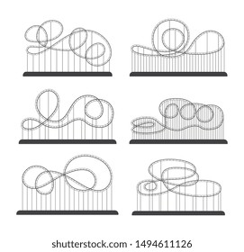 Roller coaster of amusement park various silhouette and loops set of vector illustrations isolated on white background. Attractions and rollercoasters rides outline icons.