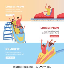 roller coaster banner. happy guys in amusement park, vacation experience. vector cartoon horizontal banners.