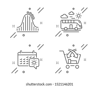 Roller Coaster, Bus Travel And Travel Calendar Line Icons Set. Cross Sell Sign. Attraction Park, Transport, Trip Planning. Market Retail. Holidays Set. Line Roller Coaster Outline Icon. Vector