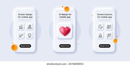 Roller coaster, Buyer and Puzzle line icons pack. 3d phone mockups with heart. Glass smartphone screen. Honeymoon travel, Calendar discounts, Map web icon. Air balloon, Fireworks pictogram. Vector