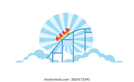 Roller coaster car traveling up a steep hill at an amusement park with a sunburst pattern background and fluffy white cartoon clouds.